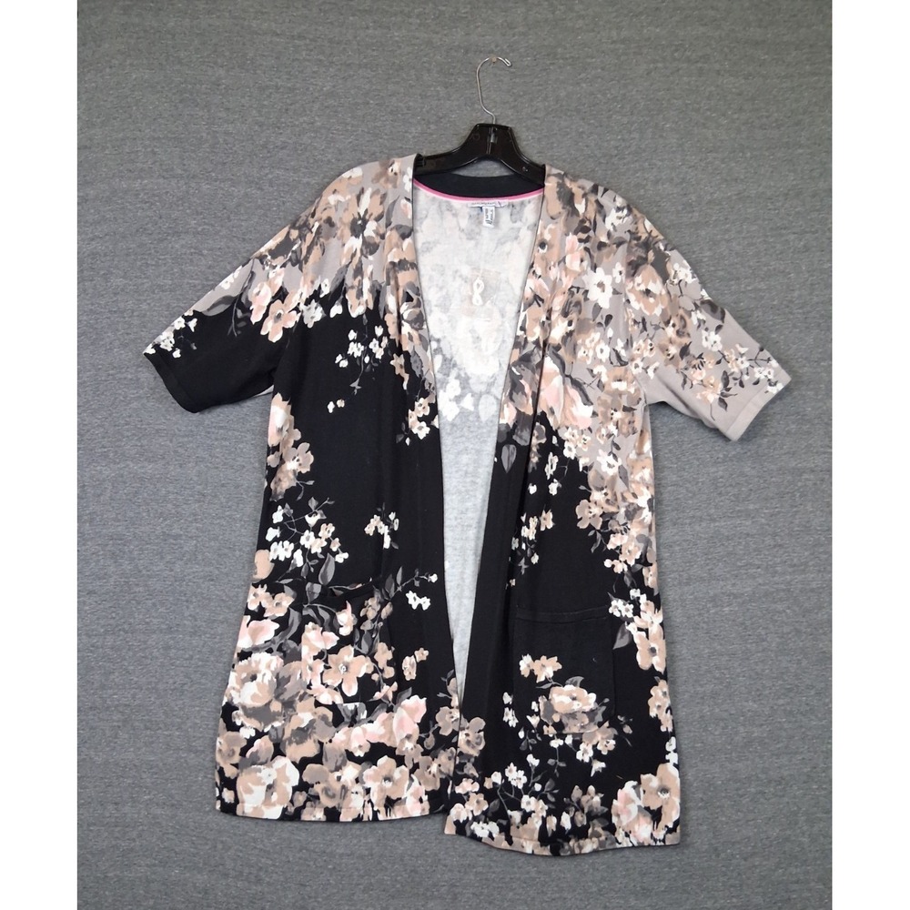 Isaac Mizrahi Womens Sweater L Black Pink Floral Botanical Open Cardigan Coastal